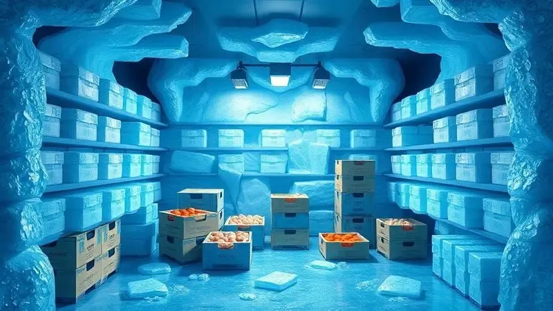 Renderização artística de um interior de freezer profundo e organizado, destacando a preservação e o frio extremo para alimentos.