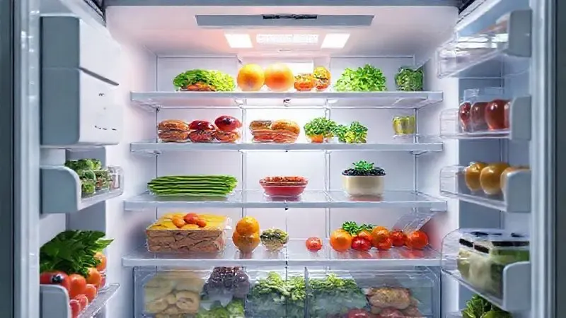Ilustração 3D mostrando o interior de um refrigerador moderno com organização inteligente, iluminação LED e alimentos frescos.