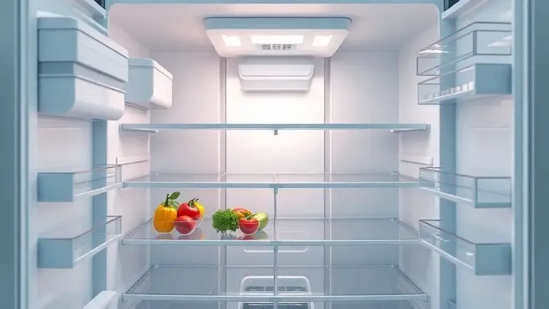 Render 3D do interior de um refrigerador, destacando prateleiras inteligentes e a tecnologia para manter o frescor dos alimentos.