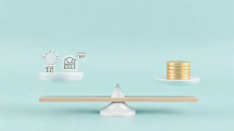 Render 3D conceitual de uma balança comparando o valor das características tecnológicas com o custo de uma geladeira smart.