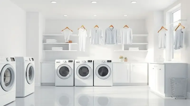 Render 3D de lavanderia moderna com roupas brancas e aparelhos de limpeza conceituais