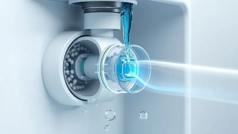Ilustração conceitual em corte mostrando a limpeza do bico injetor e áreas de difícil acesso do dispenser