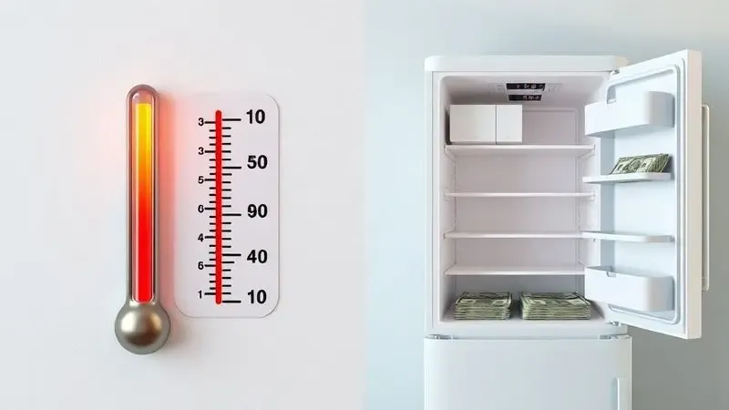 Conceito visual de economia de energia mostrando termômetro alto com dinheiro sendo desperdiçado versus geladeira eficiente economizando.