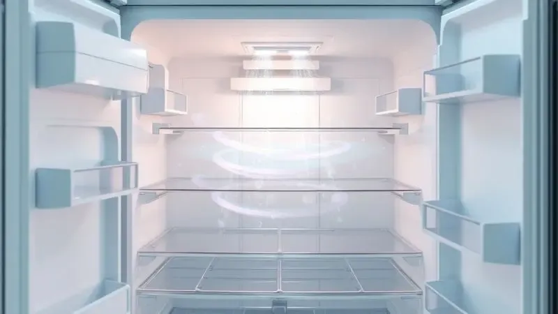 Ilustração conceitual de limpeza interna de geladeira e eliminação de odores.