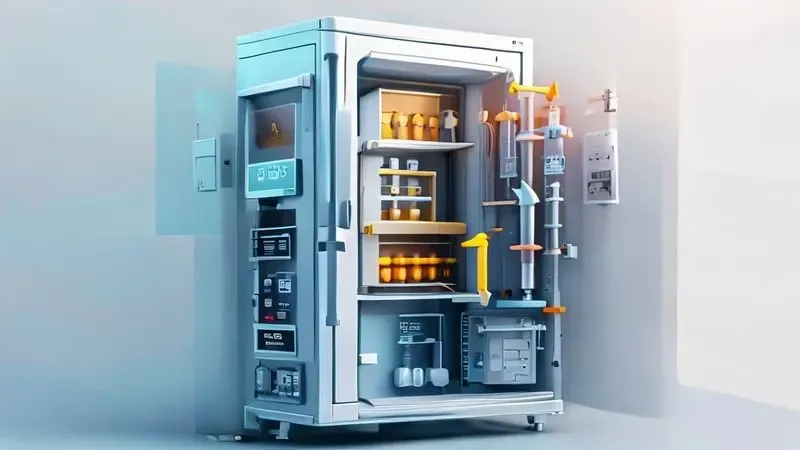 Ilustração conceitual mostrando localização da caixa do termostato dentro do painel de controle de uma geladeira