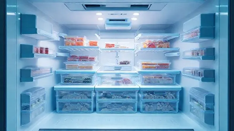 Render conceitual de um freezer inferior profundo e bem organizado, destacando sua grande capacidade de armazenamento.