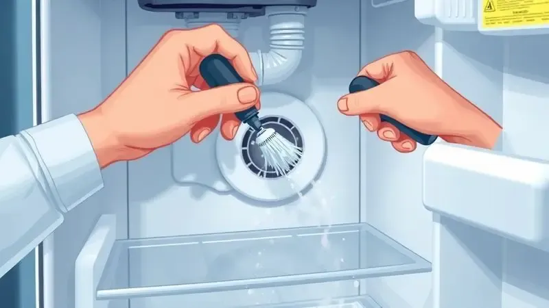 Mãos realizando manutenção preventiva no sistema de drenagem da geladeira