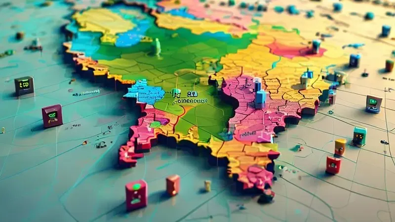 Mapa conceitual do Brasil mostrando zonas de voltagem 110V, 127V e 220V com ilustrações de tomadas
