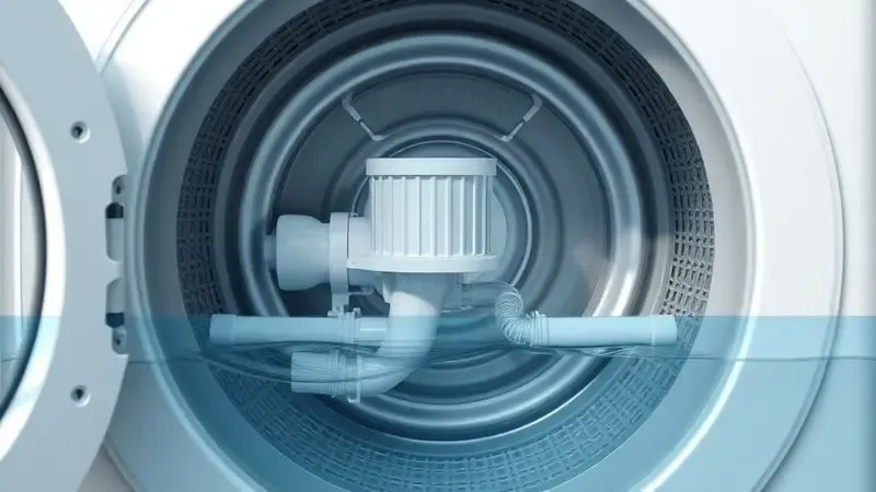 Sistema de drenagem interno de máquina de lavar com componentes da bomba e mangueiras