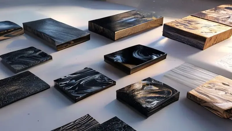 Render 3D mostrando diferentes tipos de materiais de adesivo vinílico para envelopamento com várias texturas e acabamentos.