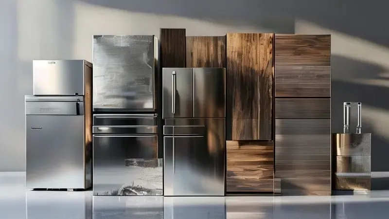 Materiais de construção premium para geladeiras de luxo como aço inox, vidro temperado e madeiras exóticas