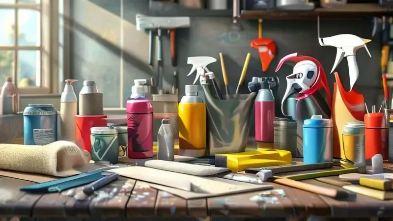 Materiais essenciais para pintura de geladeira dispostos em ordem de uso: spray, lixa, fita crepe e equipamentos de proteção