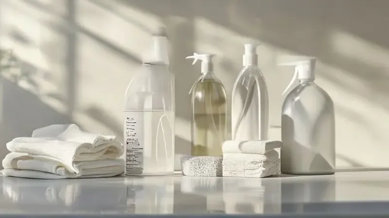 Materiais de limpeza naturais para limpar borracha de geladeira: vinagre, bicarbonato e água oxigenada