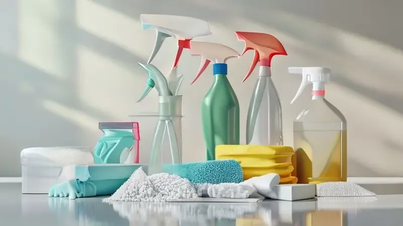 Materiais de limpeza organizados para manutenção e higienização do freezer