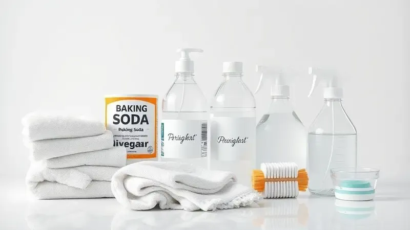 Materiais e produtos para limpeza de geladeira organizados esteticamente para manutenção adequada