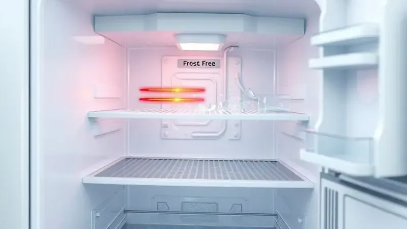 Ilustração 3D do mecanismo interno de uma geladeira frost free mostrando o sistema de descongelamento automático