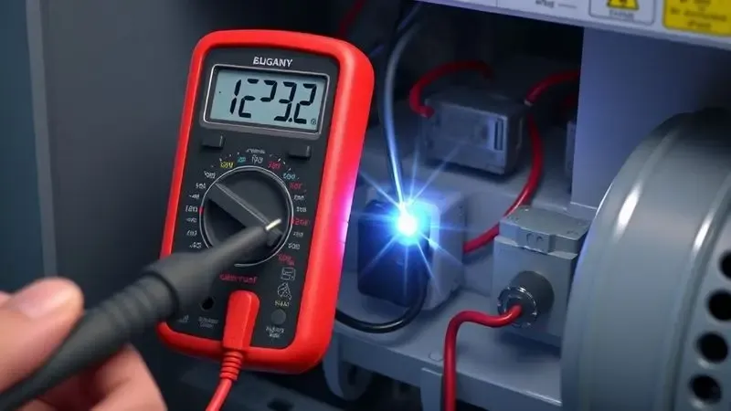 Ilustração conceitual de multímetro testando continuidade elétrica em terminais de compressor de geladeira
