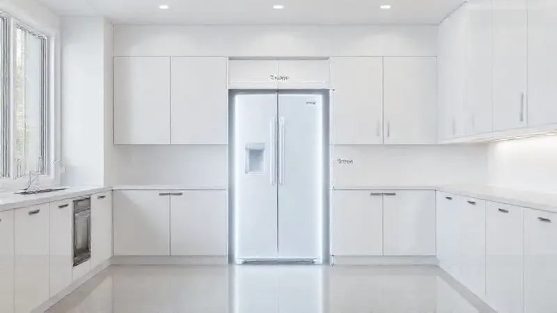 Render 3D de uma cozinha planejada mostrando o espaço exato para encaixar a geladeira, ilustrando a importância de medir o local da instalação.