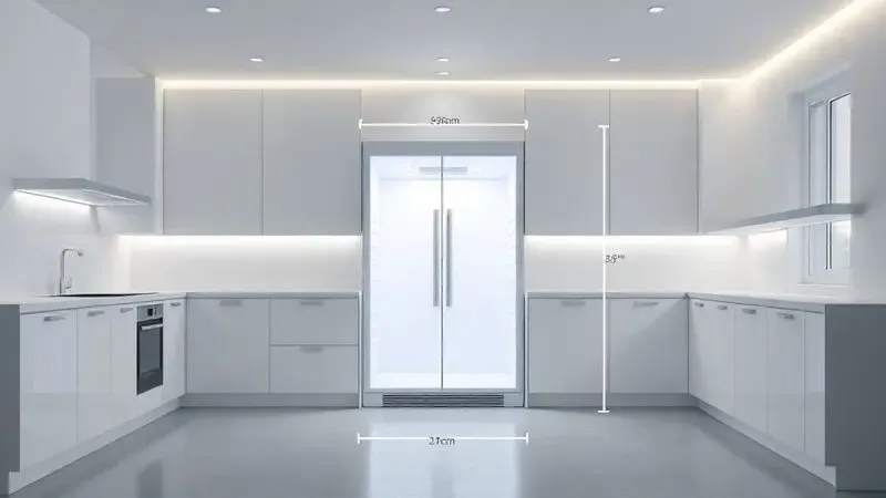Render 3D de um nicho de cozinha com linhas de dimensão, ilustrando a importância de medir o espaço antes de comprar a geladeira.
