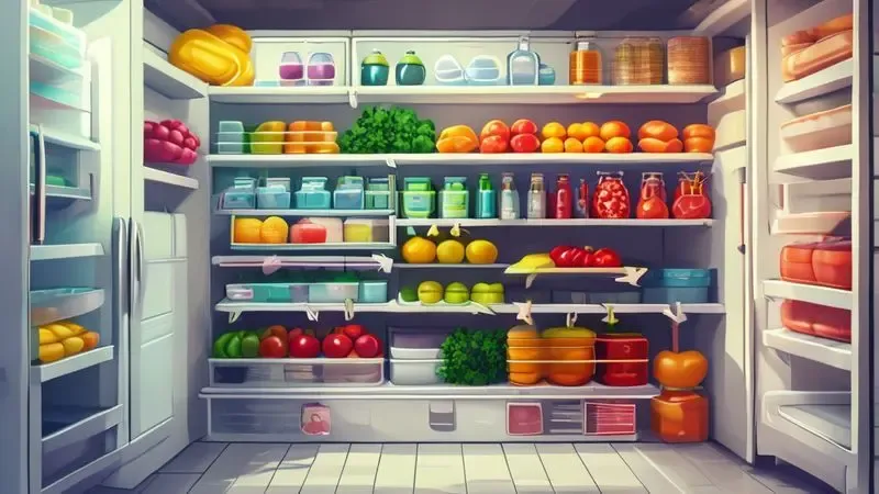 Ilustração conceitual do método PVPS para organizar alimentos na geladeira por ordem de validade e evitar desperdício.