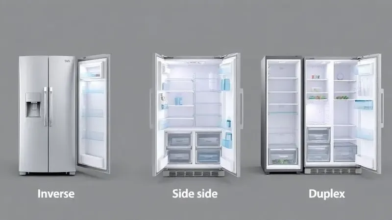 Comparação visual dos modelos de geladeira: Inverse, Side by Side e Duplex com suas configurações interiores