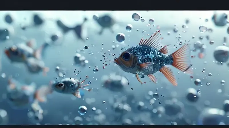 Ilustração conceitual de moléculas de odor de peixe penetrando nas superfícies da geladeira