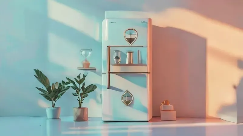 Ilustração conceitual mostrando durabilidade e vida útil prolongada de geladeira bem nivelada