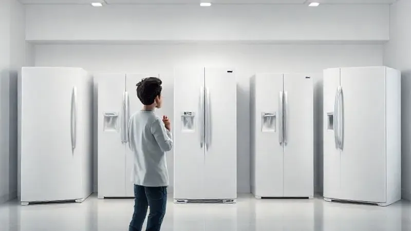 Ilustração de uma pessoa escolhendo entre diferentes modelos de geladeira, simbolizando os critérios de compra.