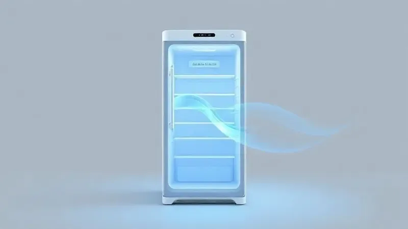 Render 3D conceitual da tecnologia Inverter, com uma onda de energia suave dentro de uma geladeira, simbolizando eficiência.