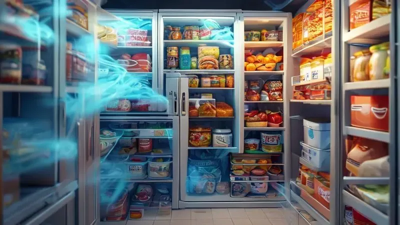 Ilustração conceitual de geladeira superlotada bloqueando a circulação de ar e causando pontos quentes internos