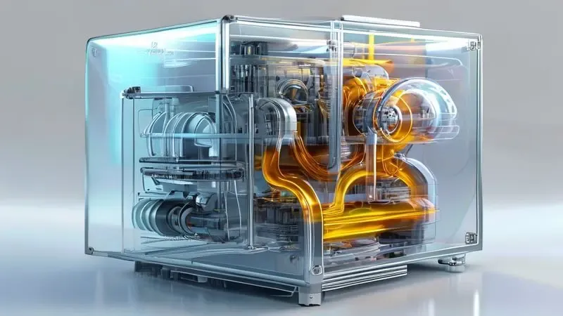 Ilustração conceitual mostrando óleo do compressor e gás refrigerante em repouso após transporte da geladeira