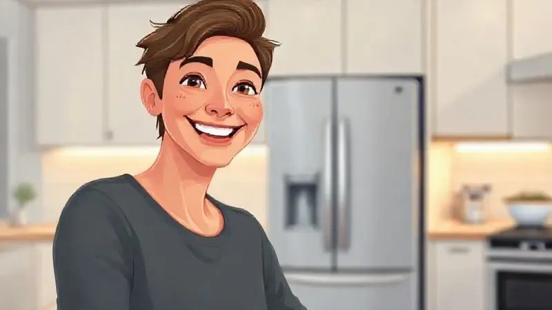 Ilustração de um consumidor satisfeito em uma cozinha moderna, representando a experiência positiva e a opinião dos donos sobre a geladeira.