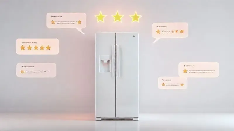 Render 3D representando a opinião dos consumidores, com ícones de estrelas de avaliação e balões de diálogo flutuando ao redor de um refrigerador genérico.