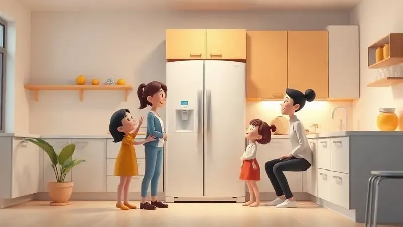 Ilustração de uma família feliz na cozinha, simbolizando a satisfação e a opinião positiva dos donos sobre sua geladeira nova.