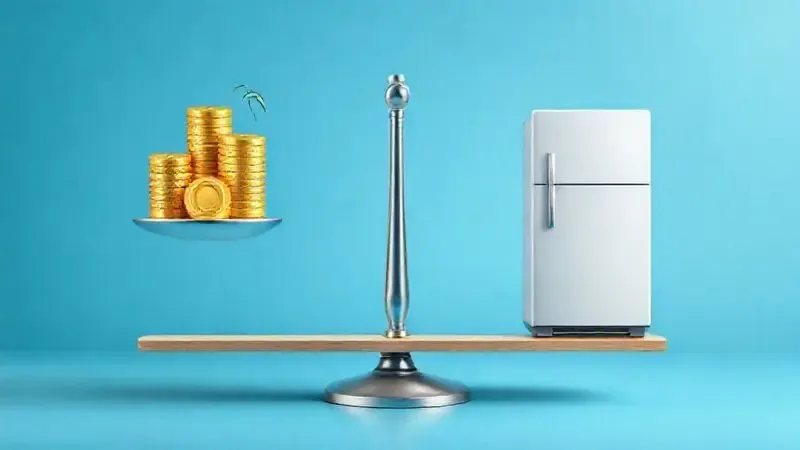 Ilustração de uma balança equilibrada com moedas de ouro e um refrigerador, simbolizando o custo-benefício e o valor do investimento.