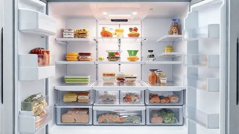 Ilustração 3D realista da organização interna e capacidade de armazenamento de uma geladeira moderna.