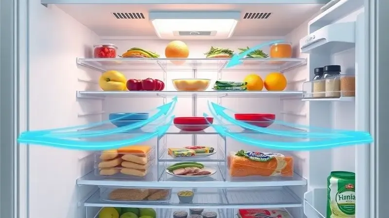 Diagrama ilustrativo de organização ideal de geladeira para circulação de ar eficiente com fluxo visível