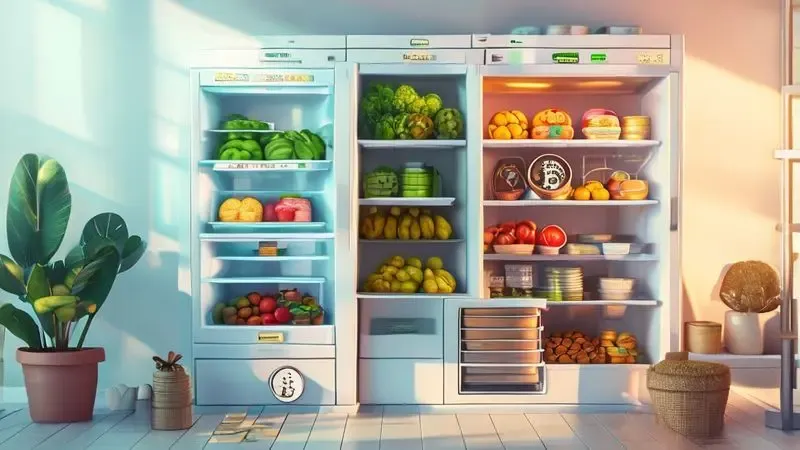 Ilustração conceitual mostrando relação entre geladeira organizada, saúde alimentar e economia financeira