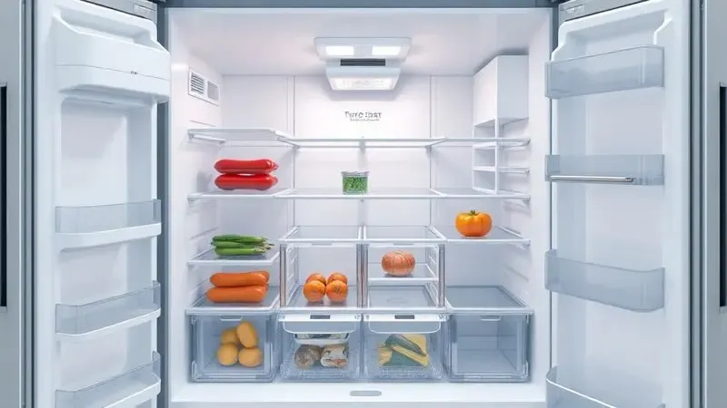 Render 3D realista mostrando organização interna de geladeira inverse com freezer superior e compartimento de alimentos frescos inferior