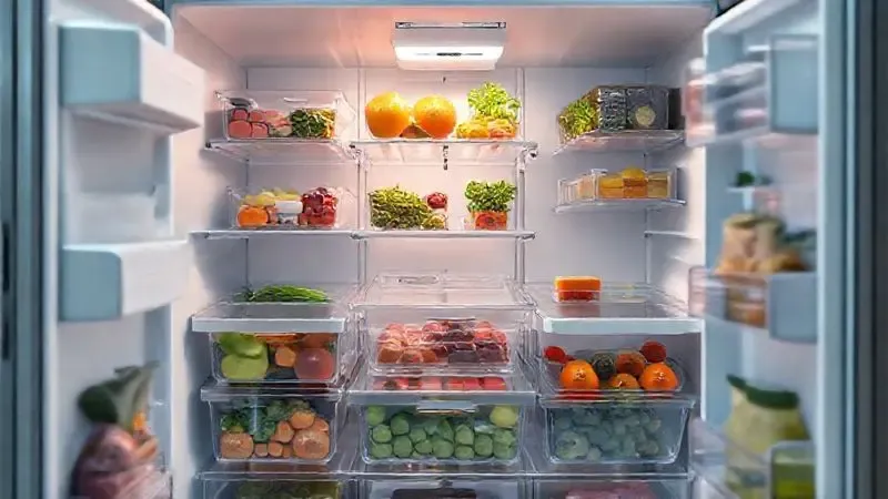 Ilustração 3D da organização interna de uma geladeira, mostrando o amplo espaço de armazenamento e compartimentos flexíveis para alimentos frescos.
