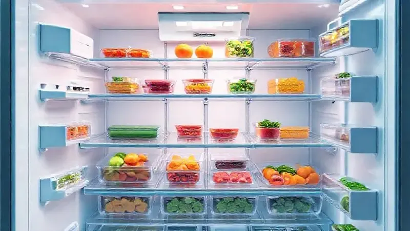 Ilustração 3D realista da organização interna de uma geladeira com prateleiras de vidro, gavetas e compartimentos de alimentos.
