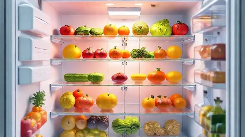 Render 3D do interior de uma geladeira conceitual, mostrando a organização do espaço interno com prateleiras de vidro e alimentos frescos.