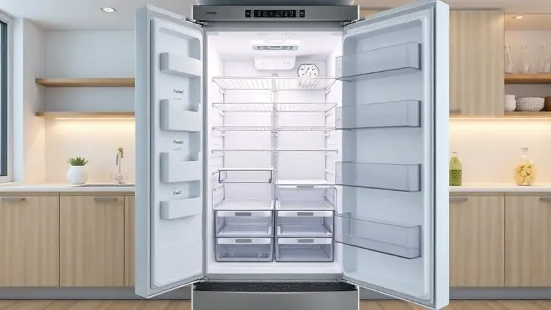 Ilustração 3D conceitual da organização interna inteligente de geladeira com prateleiras ajustáveis e otimização de espaço.