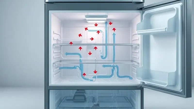 Diagrama ilustrativo mostrando os caminhos internos da água em uma geladeira e possíveis pontos de vazamento.