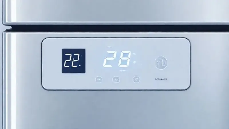 Ilustração digital de um painel de controle de geladeira com display e ícones que representam recursos tecnológicos.