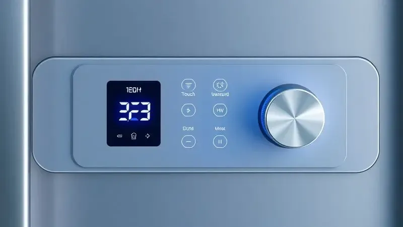 Ilustração conceitual de painéis de controle de temperatura com interface digital e botão manual para geladeiras