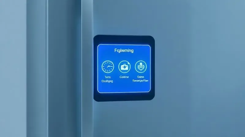 Painel de controle digital em uma geladeira ilustrando funções extras como resfriamento turbo e filtro antiodor.