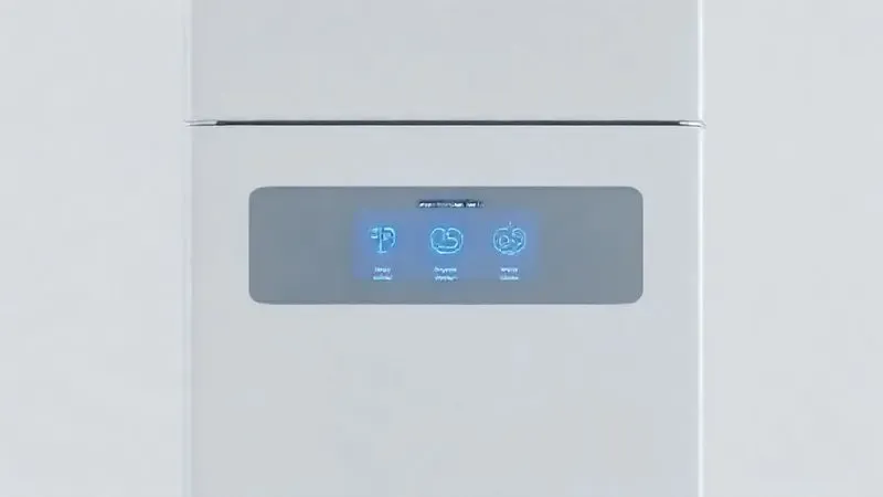 Ilustração conceitual do painel digital de uma geladeira moderna, destacando a tecnologia de controle de temperatura e funções avançadas.