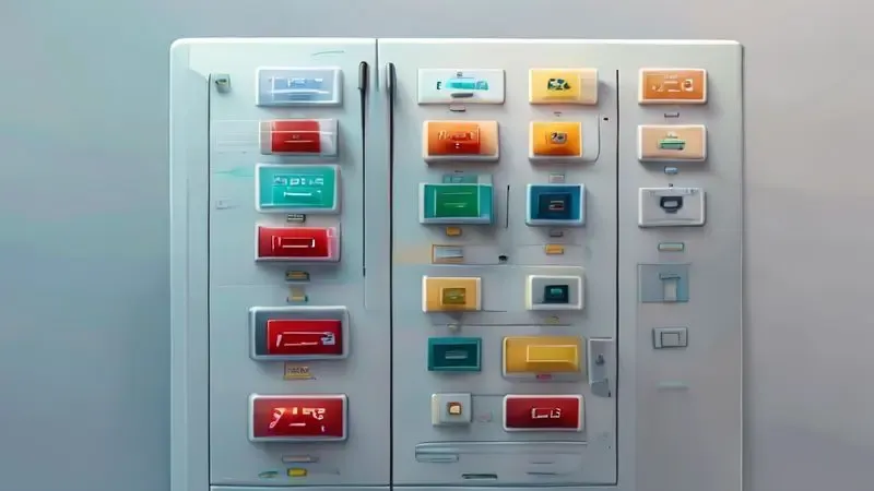 Ilustração 3D mostrando passos sequenciais para destravar o painel de controle de geladeira