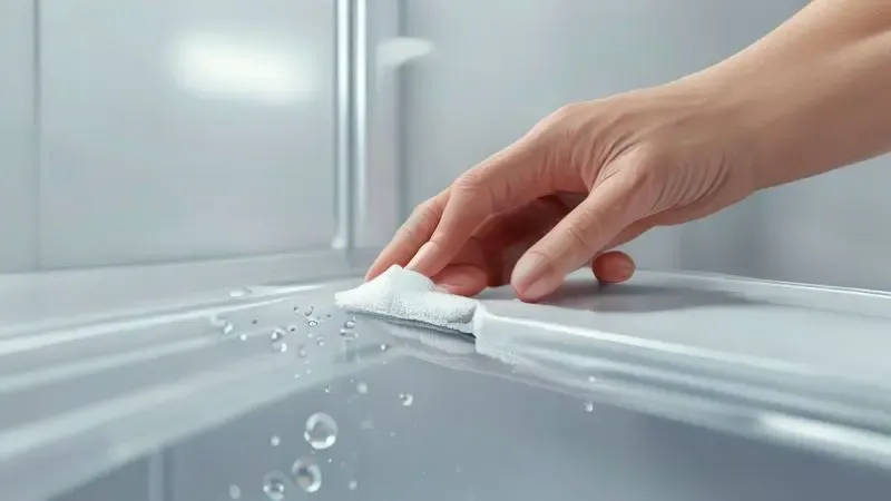 Mãos limpando a borracha de vedação da geladeira com um pano macio